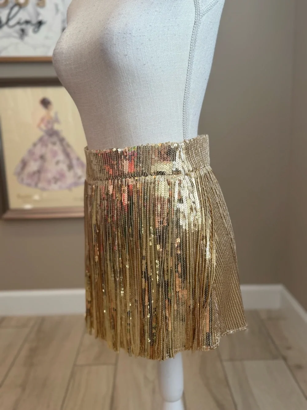 New! QUEEN OF SPARKLES Gold Sequin Fringe Mini Skirt